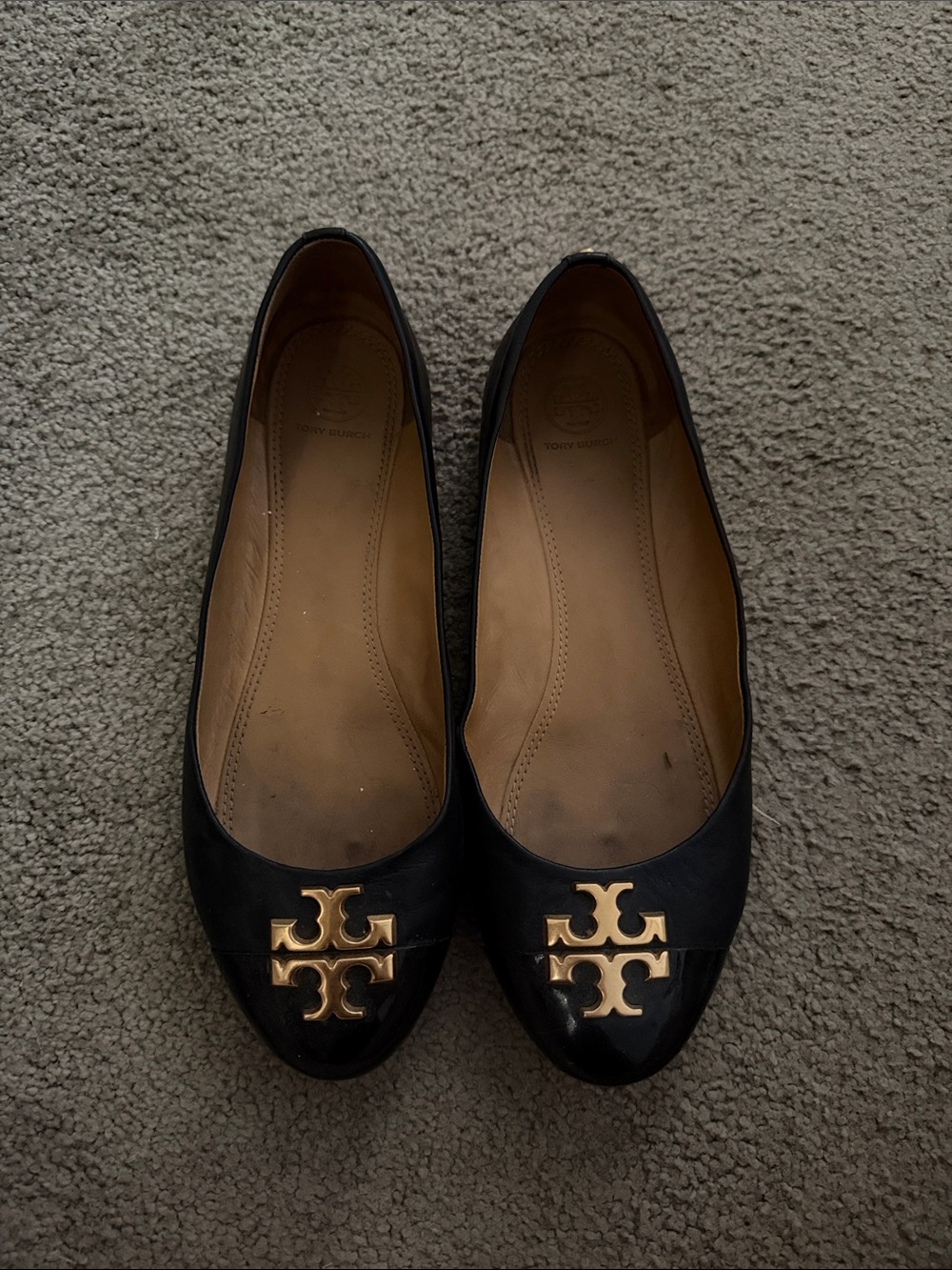 Tory Burch Black Leather Flats with Gold Logo Emblem